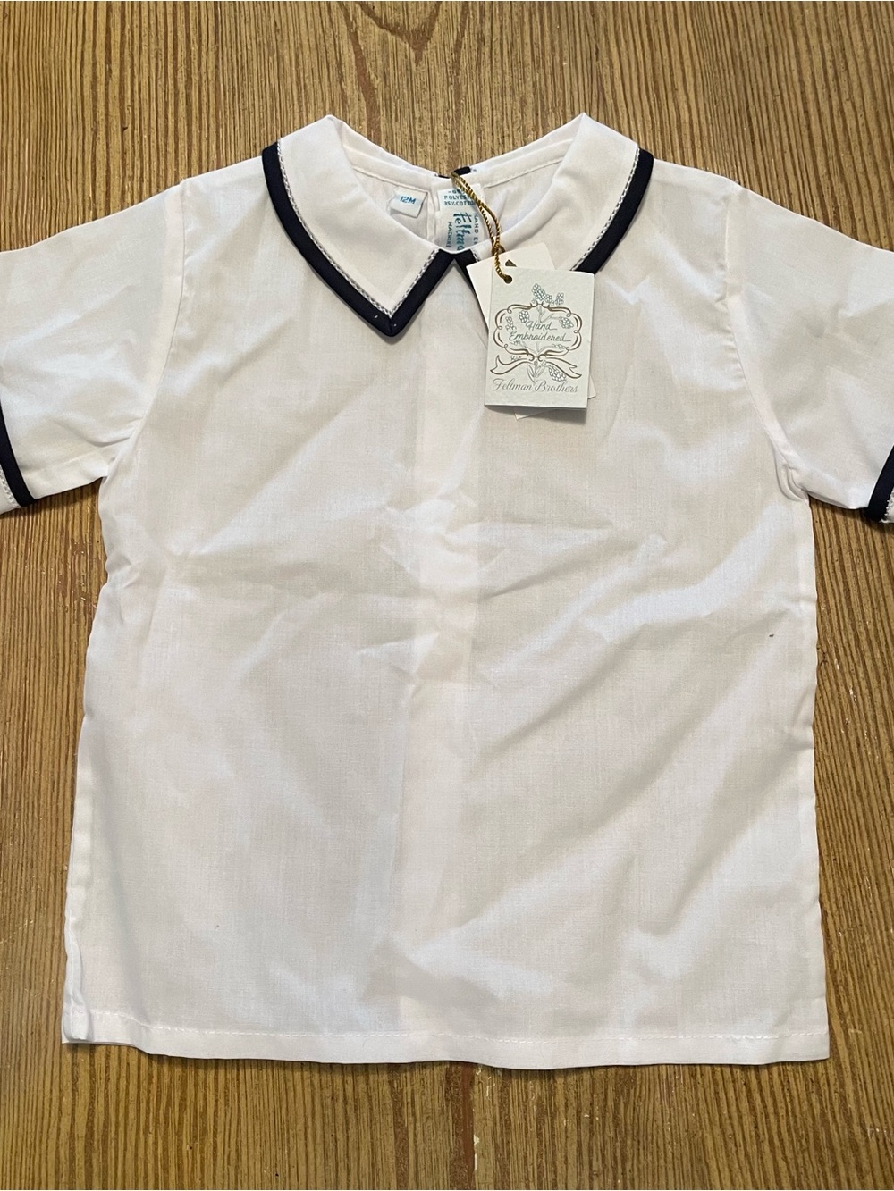 NWT Feldman Brothers Classic White Peter Pan Collar Shirt with Navy Trim